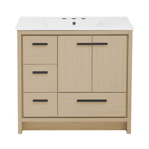 Swiss Madison SM-BV750K-3 Virage 36" Brown Oak Bathroom Vanity With White, 3-Hole Ceramic Sink Top