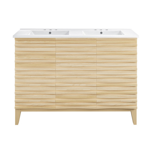 Swiss Madison SM-BV557D-3 Cascade 48" Natural Oak, Double Sink Bathroom Vanity With White, 3-Hole Ceramic Sink Top