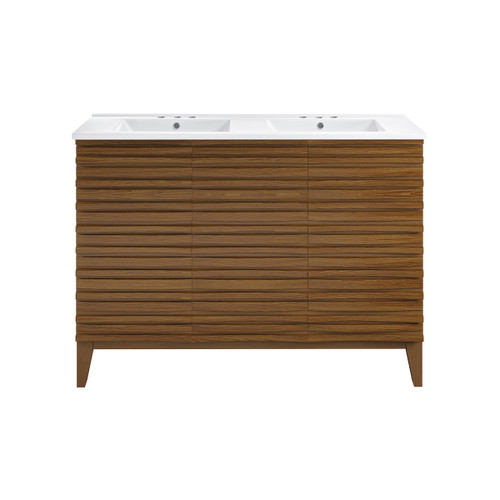 Swiss Madison SM-BV557WND-3 Cascade 48" Brown Oak, Double Sink Bathroom Vanity With White, 3-Hole Ceramic Sink Top