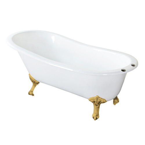 Kingston Brass Aqua Eden 61" Cast Iron Oval Single Slipper Clawfoot Tub (7" Faucet Drillings), White/Brushed Brass - NHVCT7D653129B7