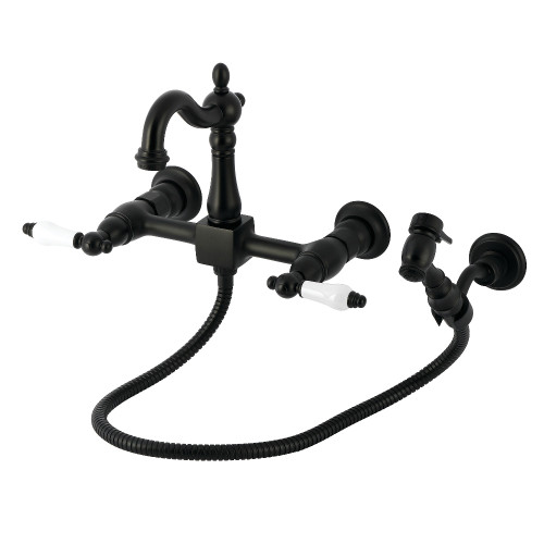 Kingston Brass Heritage Double-Handle Wall-Mount Bridge Kitchen Faucet with Brass Sprayer, Matte Black - KS2440PLBS