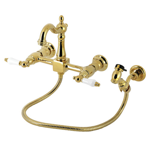 Kingston Brass Heritage Double-Handle Wall-Mount Bridge Kitchen Faucet with Brass Sprayer, Polished Brass - KS2442PLBS