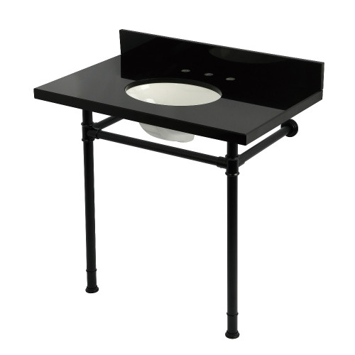 Kingston Brass Imperial 36" Black Granite Console Sink with Stainless Steel Legs (8-Inch, 3-Hole), Black Granite/Matte Black - KVPK36228K380