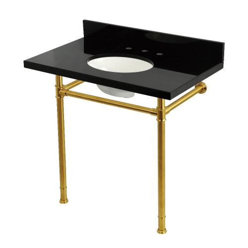Kingston Brass Imperial 36" Black Granite Console Sink with Stainless Steel Legs (8-Inch, 3-Hole), Black Granite/Brushed Brass - KVPK36228K387