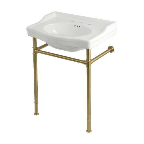 Kingston Brass Victorian 30" Ceramic Console Sink with Stainless Steel Legs (8-Inch, 3-Hole), White/Brushed Brass - KVPB30229W87