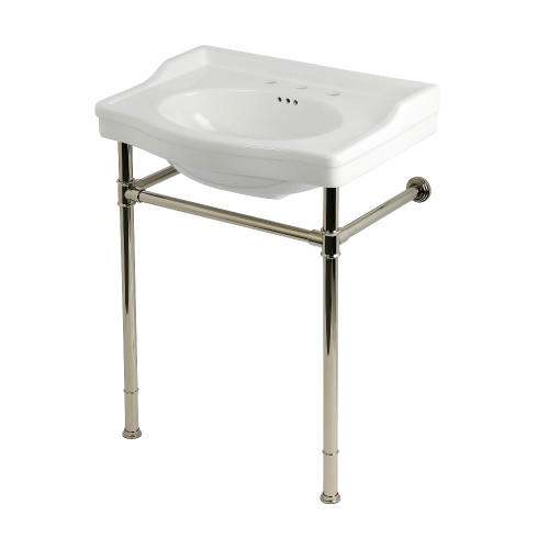 Kingston Brass Victorian 30" Ceramic Console Sink with Stainless Steel Legs (8-Inch, 3-Hole), White/Polished Nickel - KVPB30229W86