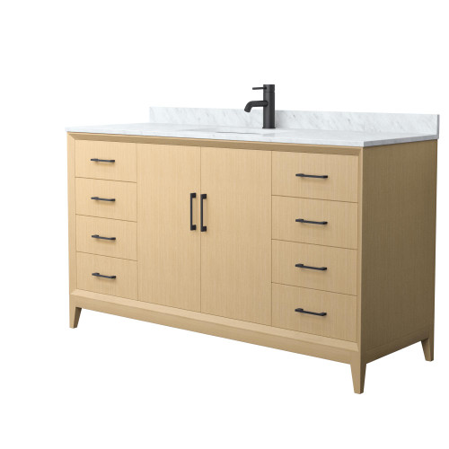 Wyndham Janna 60 Inch Single Bathroom Vanity in White Oak, White Carrara Marble Countertop, Undermount Square Sink, Matte Black Trim - WCH757560SHBCMUNSMXX Wyndham Janna 60 Inch Single Bathroom Vanity in White Oak, White Carrara Marble Countertop, Undermount Square Sink, Matte Black Trim - WCH757560SHBCMUNSMXX