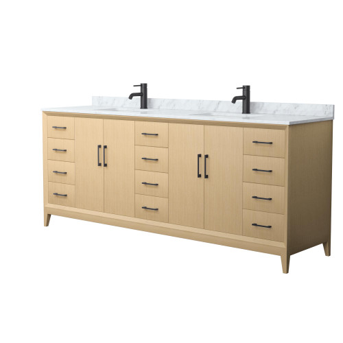 Wyndham Janna 84 Inch Double Bathroom Vanity in White Oak, White Carrara Marble Countertop, Undermount Square Sinks, Matte Black Trim - WCH757584DHBCMUNSMXX