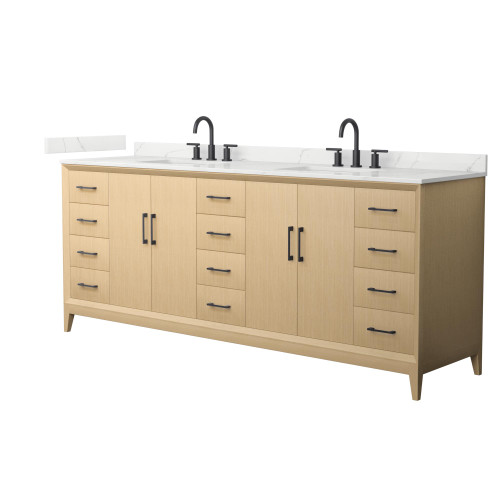 Wyndham Janna 84 Inch Double Bathroom Vanity in White Oak, Giotto Quartz Countertop, Undermount Square Sinks (3-Hole), Matte Black Trim - WCH757584DHBGTUS3MXX