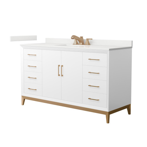 Wyndham Amici 60 Inch Single Bathroom Vanity in White, White Quartz Countertop, Undermount Square Sink (3-Hole), Satin Bronze Trim - WCH818160SWZWQUS3MXX Wyndham Amici 60 Inch Single Bathroom Vanity in White, White Quartz Countertop, Undermount Square Sink (3-Hole), Satin Bronze Trim - WCH818160SWZWQUS3MXX