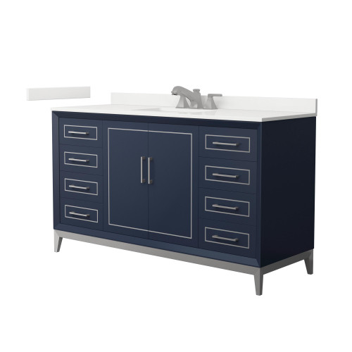 Wyndham Marlena 60 Inch Single Bathroom Vanity in Dark Blue, White Quartz Countertop, Undermount Square Sink (3-Hole), Brushed Nickel Trim - WCH515160SBNWQUS3MXX