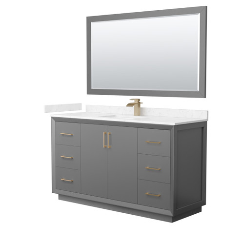 Wyndham Strada 60 Inch Single Bathroom Vanity in Dark Gray, Carrara Cultured Marble Countertop, Undermount Square Sink, Satin Bronze Trim, 58 Inch Mirror - WCF414160SGZC2UNSM58