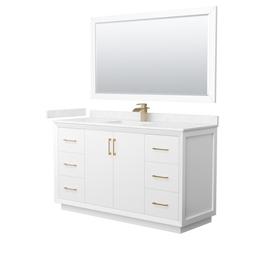 Wyndham Strada 60 Inch Single Bathroom Vanity in White, Carrara Cultured Marble Countertop, Undermount Square Sink, Satin Bronze Trim, 58 Inch Mirror - WCF414160SWZC2UNSM58