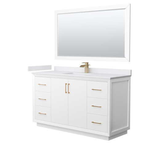 Wyndham Strada 60 Inch Single Bathroom Vanity in White, White Cultured Marble Countertop, Undermount Square Sink, Satin Bronze Trim, 58 Inch Mirror - WCF414160SWZWCUNSM58