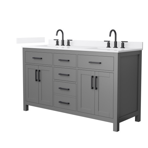 Wyndham Beckett 60 Inch Double Bathroom Vanity in Dark Gray, White Quartz Countertop, Undermount Square Sinks (3-Hole), Matte Black Trim - WCG242460DGBWQUS3MXX