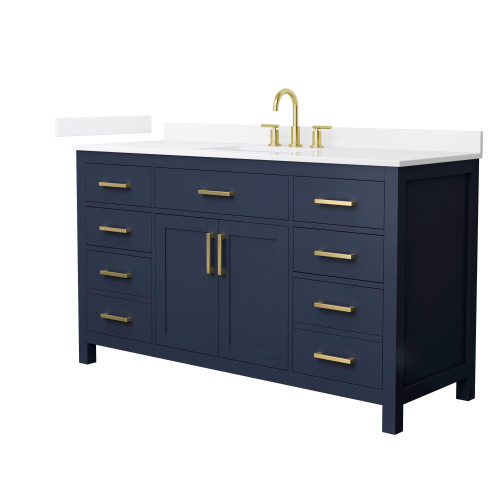 Wyndham Beckett 60 Inch Single Bathroom Vanity in Dark Blue, White Quartz Countertop, Undermount Square Sink (3-Hole), Brushed Gold Trim - WCG242460SBLWQUS3MXX