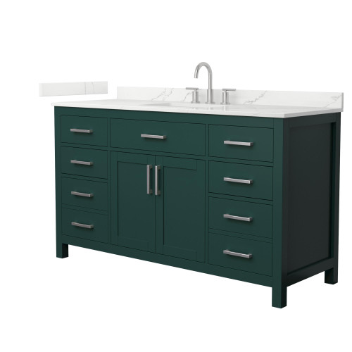 Wyndham Beckett 60 Inch Single Bathroom Vanity in Green, Giotto Quartz Countertop, Undermount Square Sink (3-Hole), Brushed Nickel Trim - WCG242460SGEGTUS3MXX