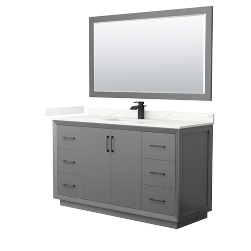 Wyndham Strada 60 Inch Single Bathroom Vanity in Dark Gray, Giotto Quartz Countertop, Undermount Square Sink (1-Hole), Matte Black Trim, 58 Inch Mirror - WCF414160SGBGTUNSM58