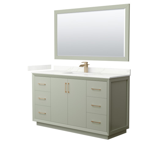 Wyndham Strada 60 Inch Single Bathroom Vanity in Light Green, Giotto Quartz Countertop, Undermount Square Sink (1-Hole), Satin Bronze Trim, 58 Inch Mirror - WCF414160SLZGTUNSM58