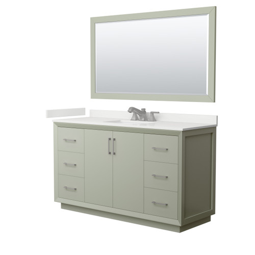 Wyndham Strada 60 Inch Single Bathroom Vanity in Light Green, White Quartz Countertop, Undermount Square Sink (3-Hole), Brushed Nickel Trim, 58 Inch Mirror - WCF414160SLGWQUS3M58