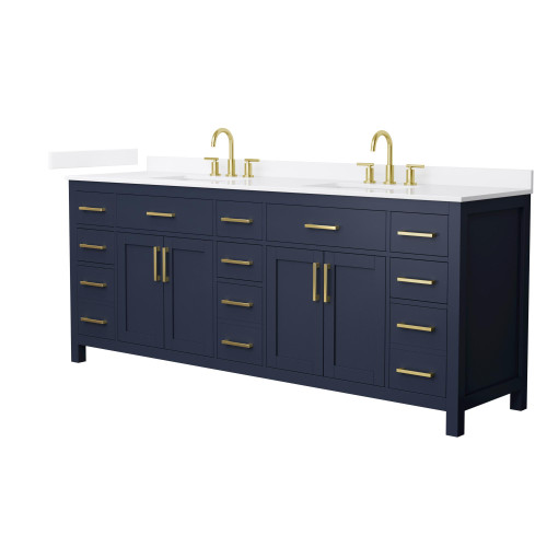 Wyndham Beckett 84 Inch Double Bathroom Vanity in Dark Blue, White Quartz Countertop, Undermount Square Sinks (3-Hole), Brushed Gold Trim - WCG242484DBLWQUS3MXX