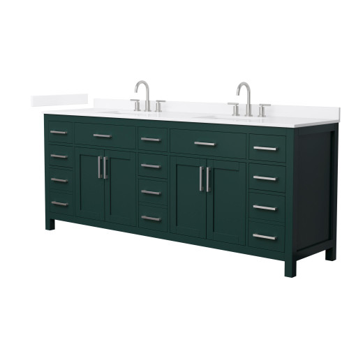 Wyndham Beckett 84 Inch Double Bathroom Vanity in Green, White Quartz Countertop, Undermount Square Sinks (3-Hole), Brushed Nickel Trim - WCG242484DGEWQUS3MXX
