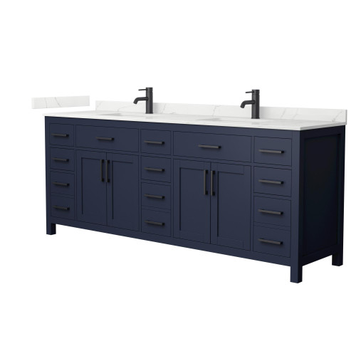 Wyndham Beckett 84 Inch Double Bathroom Vanity in Dark Blue, Giotto Quartz Countertop, Undermount Square Sinks (1-Hole), Matte Black Trim - WCG242484DBBGTUNSMXX