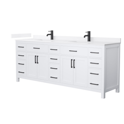 Wyndham Beckett 84 Inch Double Bathroom Vanity in White, White Quartz Countertop, Undermount Square Sinks (1-Hole), Matte Black Trim - WCG242484DWBWQUNSMXX