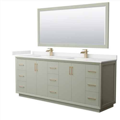 Wyndham Strada 84 Inch Double Bathroom Vanity in Light Green, White Quartz Countertop, Undermount Square Sinks (1-Hole), Satin Bronze Trim, 70 Inch Mirror - WCF414184DLZWQUNSM70