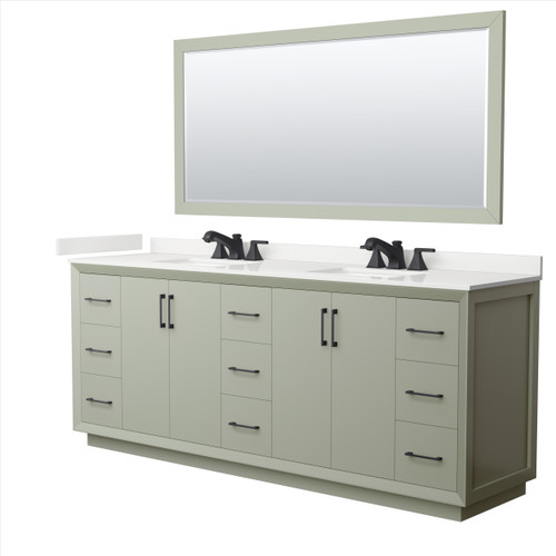 Wyndham Strada 84 Inch Double Bathroom Vanity in Light Green, White Quartz Countertop, Undermount Square Sinks (3-Hole), Matte Black Trim, 70 Inch Mirror - WCF414184DLBWQUS3M70