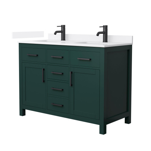 Wyndham Beckett 48 Inch Double Bathroom Vanity in Green, White Quartz Countertop, Undermount Square Sinks (1-Hole), Matte Black Trim - WCG242448DGKWQUNSMXX Wyndham Beckett 48 Inch Double Bathroom Vanity in Green, White Quartz Countertop, Undermount Square Sinks (1-Hole), Matte Black Trim - WCG242448DGKWQUNSMXX