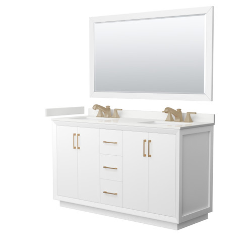 Wyndham Strada 60 Inch Double Bathroom Vanity in White, White Quartz Countertop, Undermount Square Sink (3-Hole), Satin Bronze Trim, 58 Inch Mirror - WCF414160DWZWQUS3M58