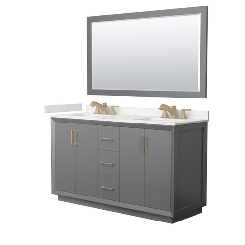 Wyndham Strada 60 Inch Double Bathroom Vanity in Dark Gray, White Quartz Countertop, Undermount Square Sink (3-Hole), Satin Bronze Trim, 58 Inch Mirror - WCF414160DGZWQUS3M58