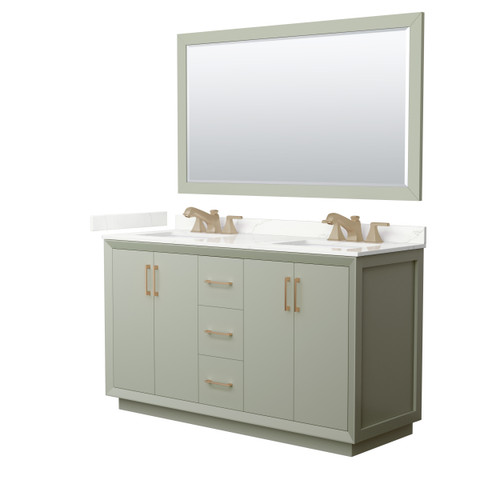 Wyndham Strada 60 Inch Double Bathroom Vanity in Light Green, Giotto Quartz Countertop, Undermount Square Sinks (3-Hole), Satin Bronze Trim, 58 Inch Mirror - WCF414160DLZGTUS3M58