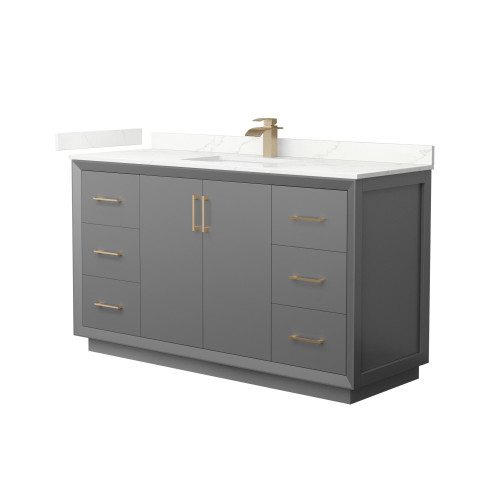 Wyndham Strada 60 Inch Single Bathroom Vanity in Dark Gray, Giotto Quartz Countertop, Undermount Square Sink (1-Hole), Satin Bronze Trim - WCF414160SGZGTUNSMXX