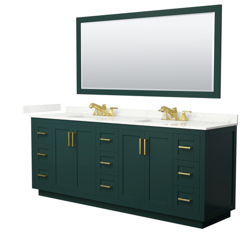 Wyndham Miranda 84 Inch Double Bathroom Vanity in Green, Giotto Quartz Countertop, Undermount Square Sinks (3-Hole), Brushed Gold Trim, 70 Inch Mirror - WCF292984DGDGTUS3M70