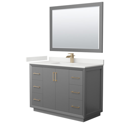 Wyndham Strada 48 Inch Single Bathroom Vanity in Dark Gray, White Quartz Countertop, Undermount Square Sink (1-Hole), Satin Bronze Trim, 46 Inch Mirror - WCF414148SGZWQUNSM46