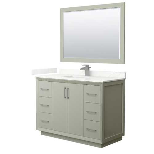 Wyndham Strada 48 Inch Single Bathroom Vanity in Light Green, Giotto Quartz Countertop, Undermount Square Sink (1-Hole), Brushed Nickel Trim, 46 Inch Mirror - WCF414148SLGGTUNSM46