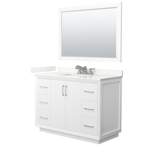 Wyndham Strada 48 Inch Single Bathroom Vanity in White, Giotto Quartz Countertop, Undermount Square Sink (3-Hole), Brushed Nickel Trim, 46 Inch Mirror - WCF414148SWHGTUS3M46
