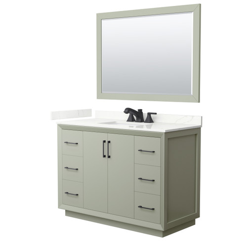 Wyndham Strada 48 Inch Single Bathroom Vanity in Light Green, Giotto Quartz Countertop, Undermount Square Sink (3-Hole), Matte Black Trim, 46 Inch Mirror - WCF414148SLBGTUS3M46