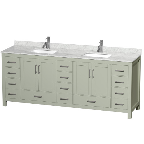 Wyndham Sheffield 84 inch Double Bathroom Vanity in Light Green, White Carrara Marble Countertop, Undermount Square Sinks, Brushed Nickel Trim - WCS141484DLGCMUNSMXX