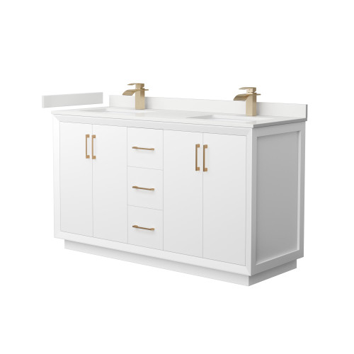 Wyndham Strada 60 Inch Double Bathroom Vanity in White, White Quartz Countertop, Undermount Square Sink (1-Hole), Satin Bronze Trim - WCF414160DWZWQUNSMXX