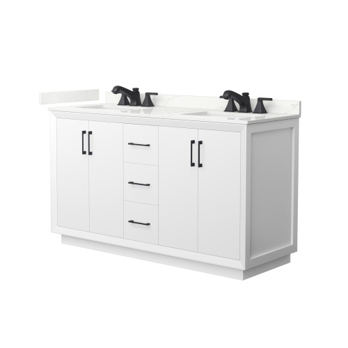 Wyndham Strada 60 Inch Double Bathroom Vanity in White, Giotto Quartz Countertop, Undermount Square Sink (3-Hole), Matte Black Trim - WCF414160DWBGTUS3MXX Wyndham Strada 60 Inch Double Bathroom Vanity in White, Giotto Quartz Countertop, Undermount Square Sink (3-Hole), Matte Black Trim - WCF414160DWBGTUS3MXX