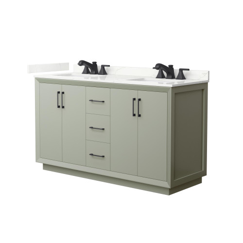 Wyndham Strada 60 Inch Double Bathroom Vanity in Light Green, Giotto Quartz Countertop, Undermount Square Sinks (3-Hole), Matte Black Trim - WCF414160DLBGTUS3MXX
