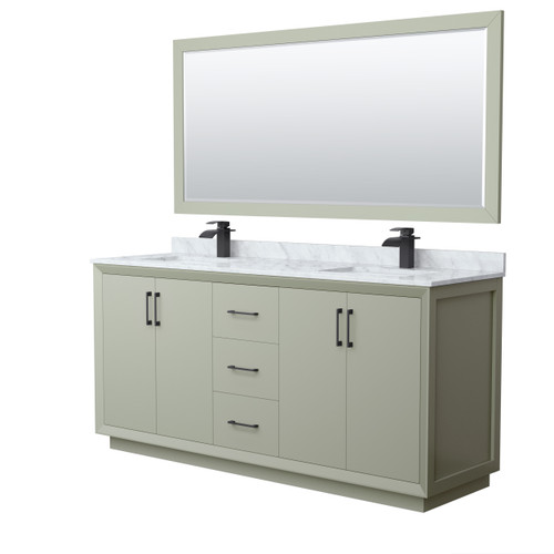 Wyndham Strada 72 Inch Double Bathroom Vanity in Light Green, White Carrara Marble Countertop, Undermount Square Sinks, Matte Black Trim, 70 Inch Mirror - WCF414172DLBCMUNSM70