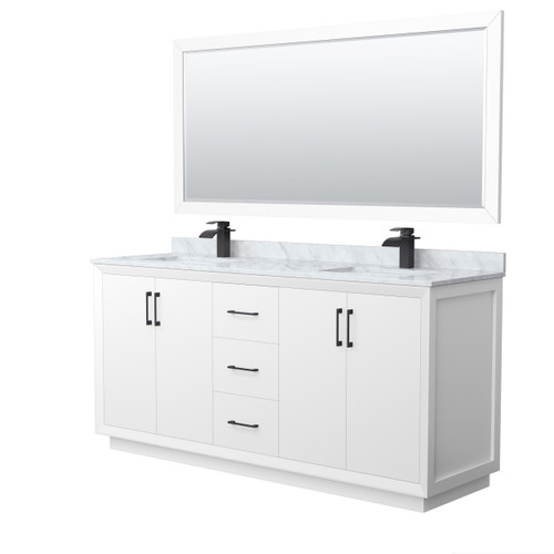 Wyndham Strada 72 Inch Double Bathroom Vanity in White, White Carrara Marble Countertop, Undermount Square Sink, Matte Black Trim, 70 Inch Mirror - WCF414172DWBCMUNSM70