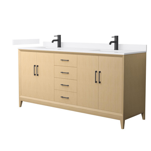 Wyndham Janna 72 Inch Double Bathroom Vanity in White Oak, White Quartz Countertop, Undermount Square Sinks (1-Hole), Matte Black Trim - WCH757572DHBWQUNSMXX