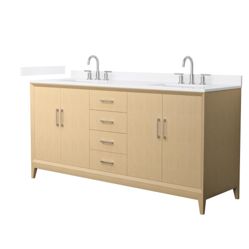 Wyndham Janna 72 Inch Double Bathroom Vanity in White Oak, White Quartz Countertop, Undermount Square Sinks (3-Hole), Brushed Nickel Trim - WCH757572DHOWQUS3MXX