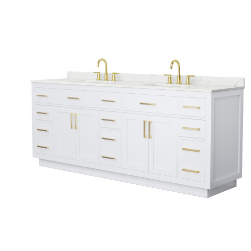 Wyndham Beckett 84 Inch Double Bathroom Vanity with Toe Kick in White, Giotto Quartz Countertop, Undermount Square Sinks (3-Hole), Brushed Gold Trim - WCG262684DWGGTUS3MXX