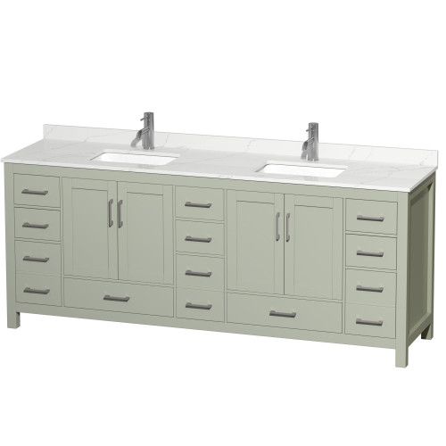 Wyndham Sheffield 84 Inch Double Bathroom Vanity in Light Green, Giotto Quartz Countertop, Undermount Square Sinks (1-Hole), Brushed Nickel Trim - WCS141484DLGGTUNSMXX